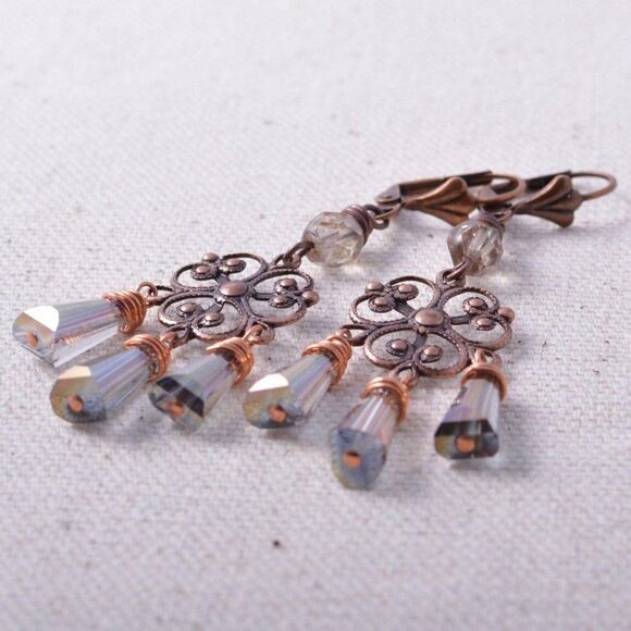 Aged Copper Filigree Earrings - Picture 4 of 5